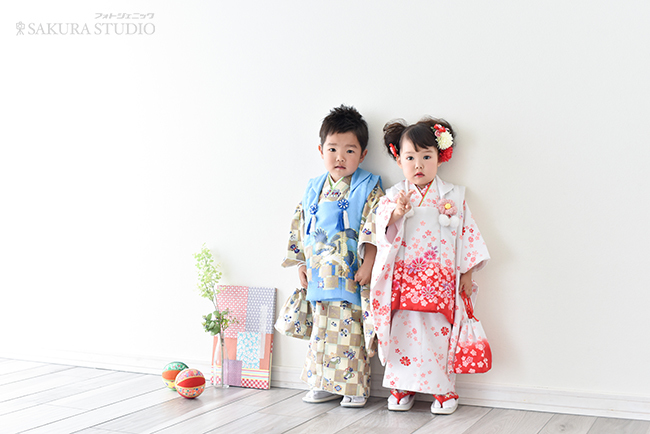 栃木　宇都宮　フォトスタジオ　フォトジェニックサクラスタジオ　七五三　３歳　着物　レンタル　ドレス　タキシード　家族写真　双子　かわいい